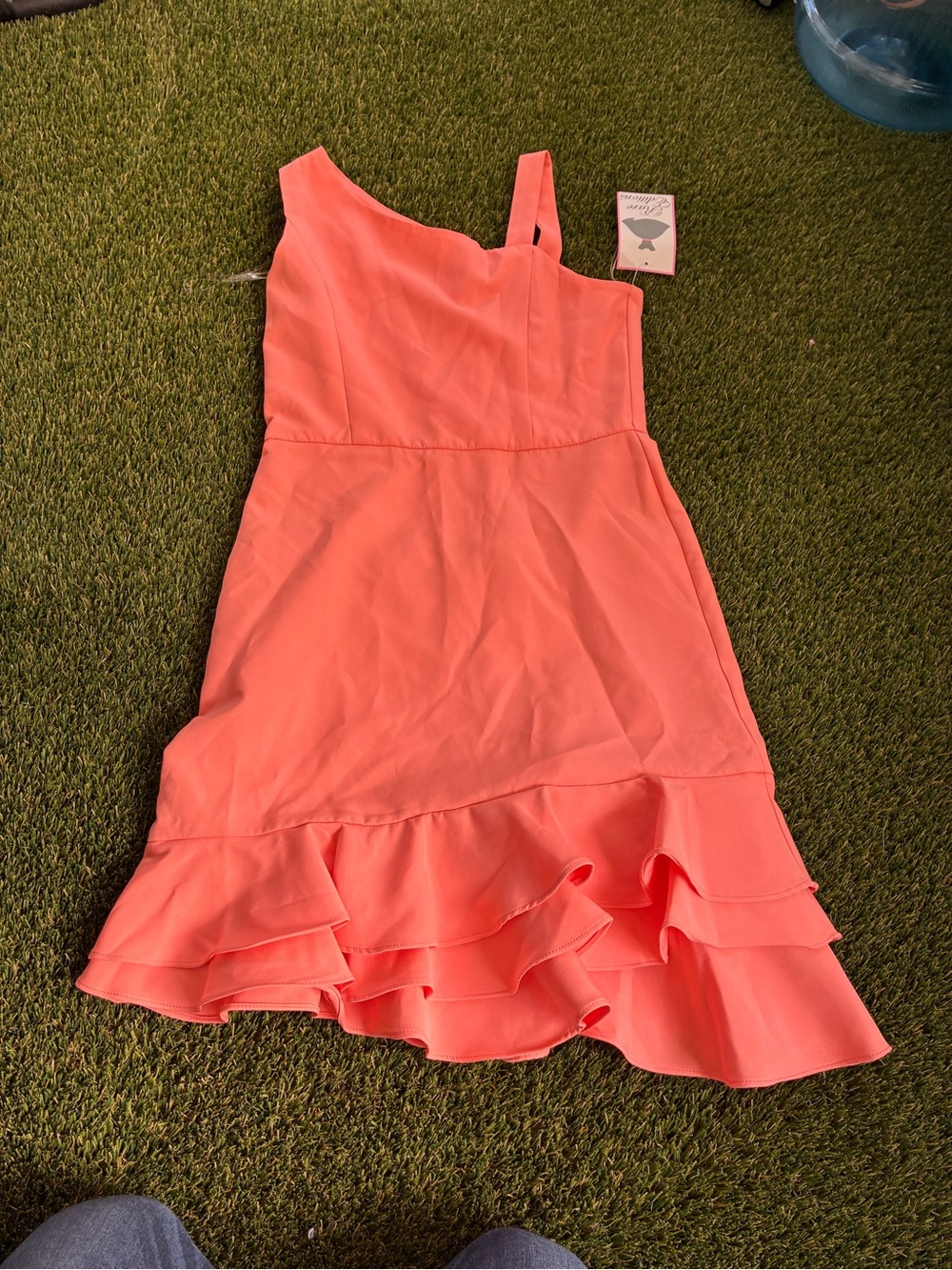 Girls Coral Asymmetric One-Shoulder Ruffle Hem Dress